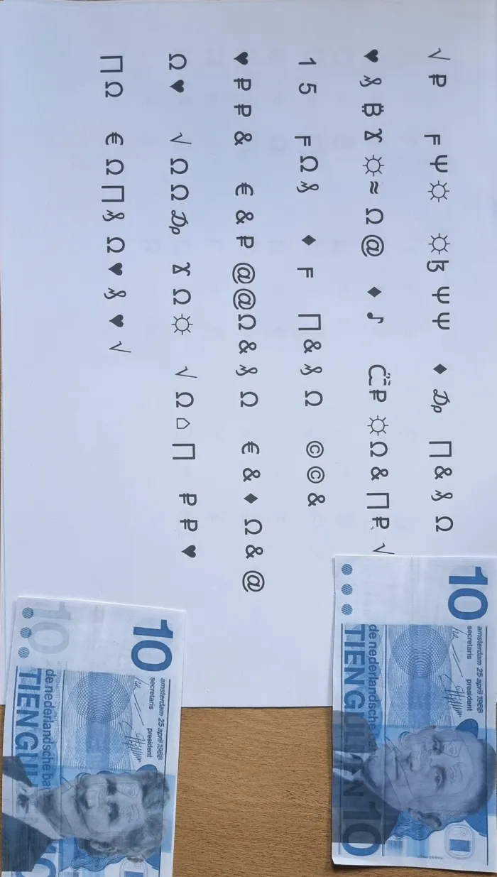 Een briefje in zelfbedachte geheimtaal met symbolen, en twee briefjes van tien euro